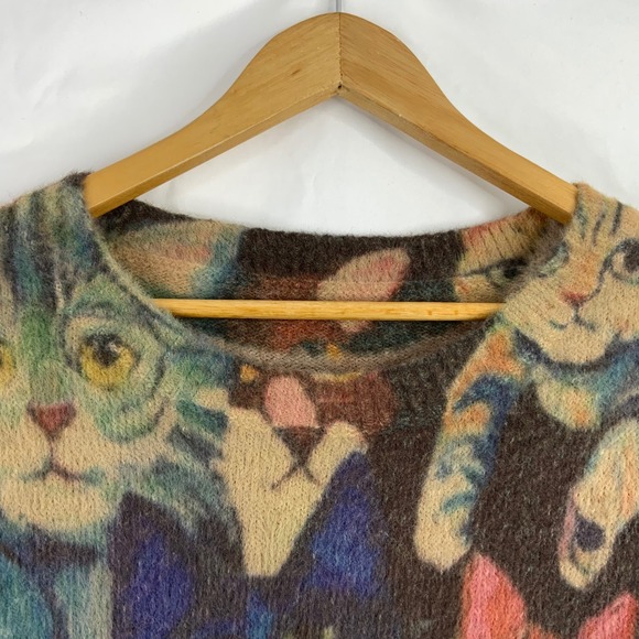 Women Colorful Cat All Over Print Wool Blend Fuzzy Knit Sweater Crewneck Multi - Picture 4 of 7
